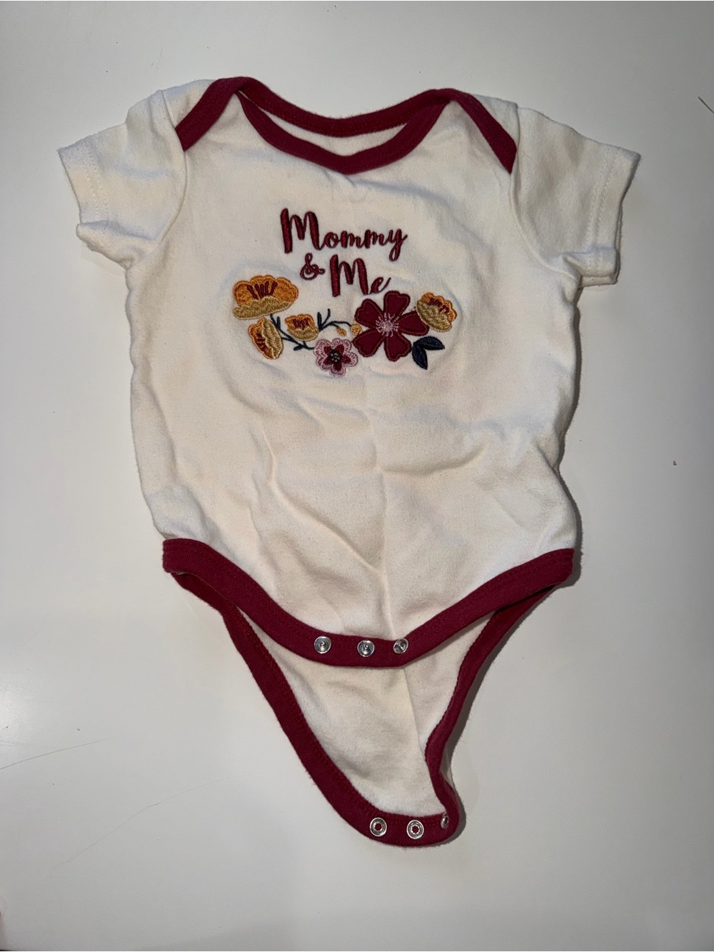 Baby Gear White Bodysuit with Maroon Trim and Floral Embroidery